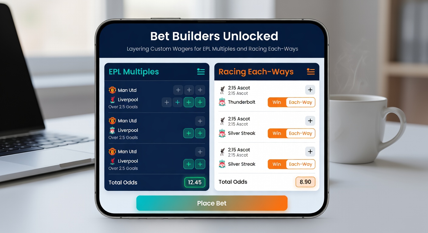 Close-up of a mobile app screen layering EPL bet builder selections with horse racing each-way bets, showing live odds and cash-out options