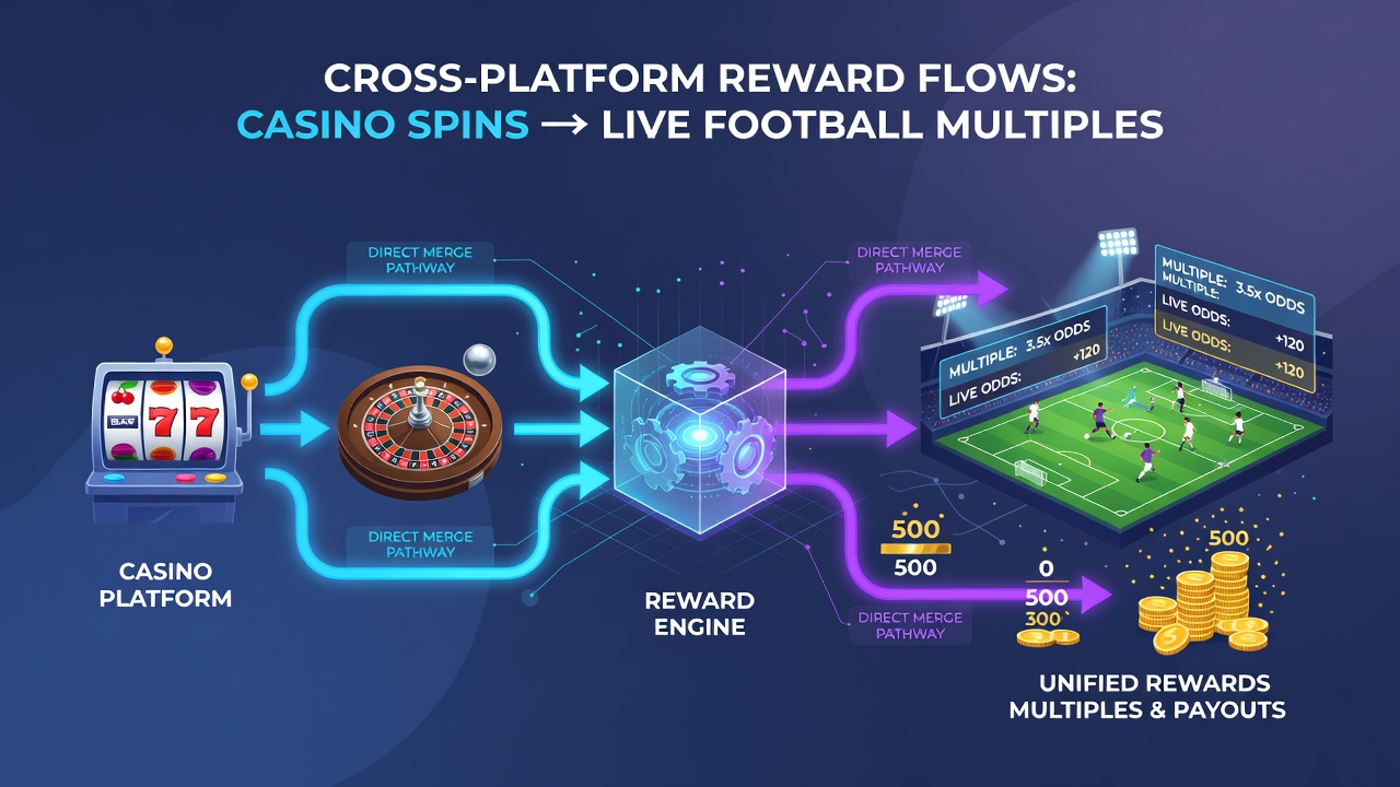 Flow diagram of reward credits moving from casino spins through digital wallets into football multiples and racing exotics