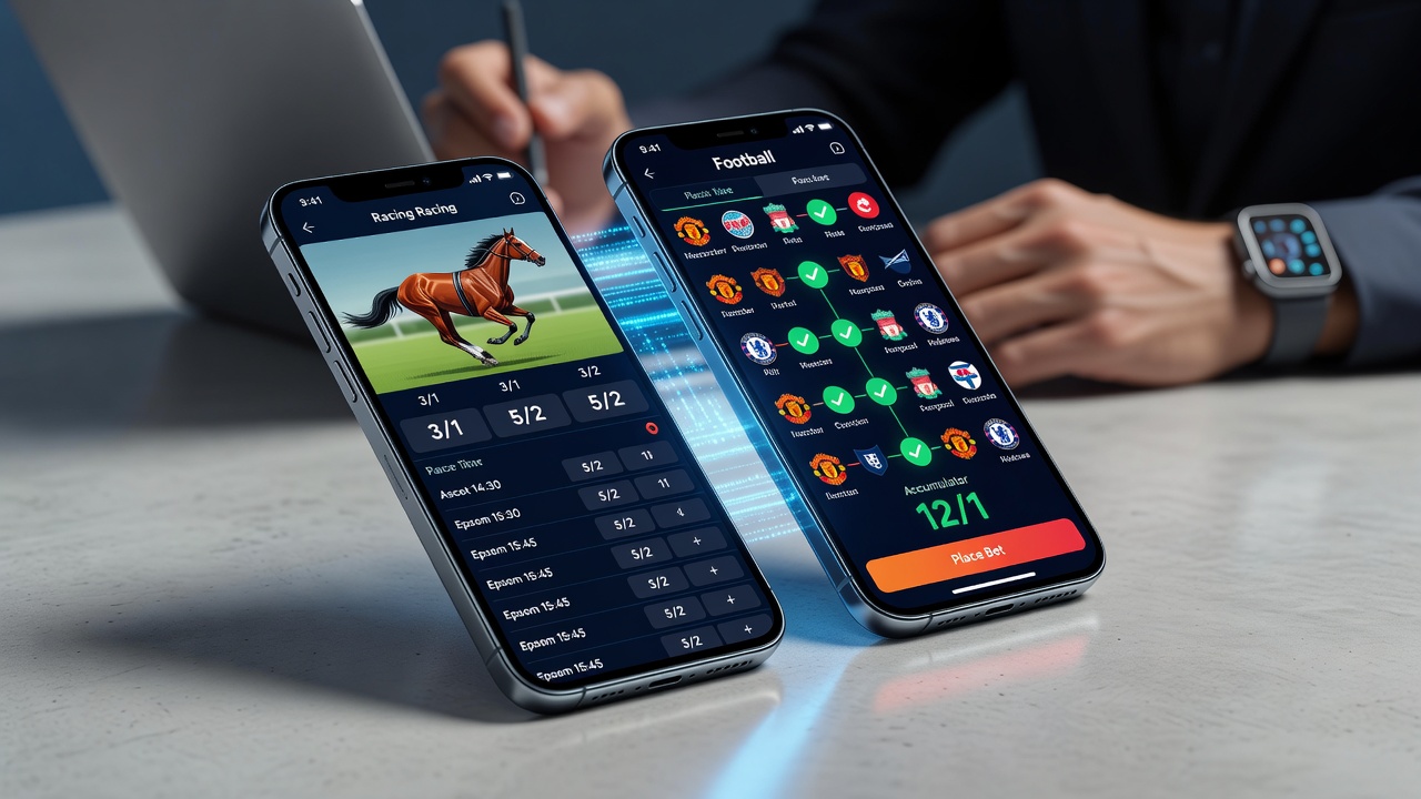 User navigating integrated mobile app combining horse racing, football betting, and casino loyalty features