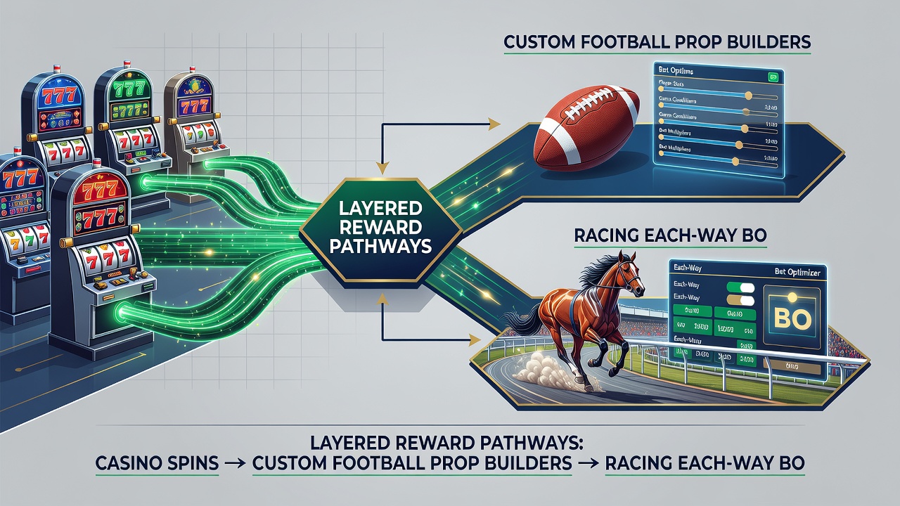 Illustration of cross-device platform interface displaying linked casino rewards, football props, and racing each-way boosts