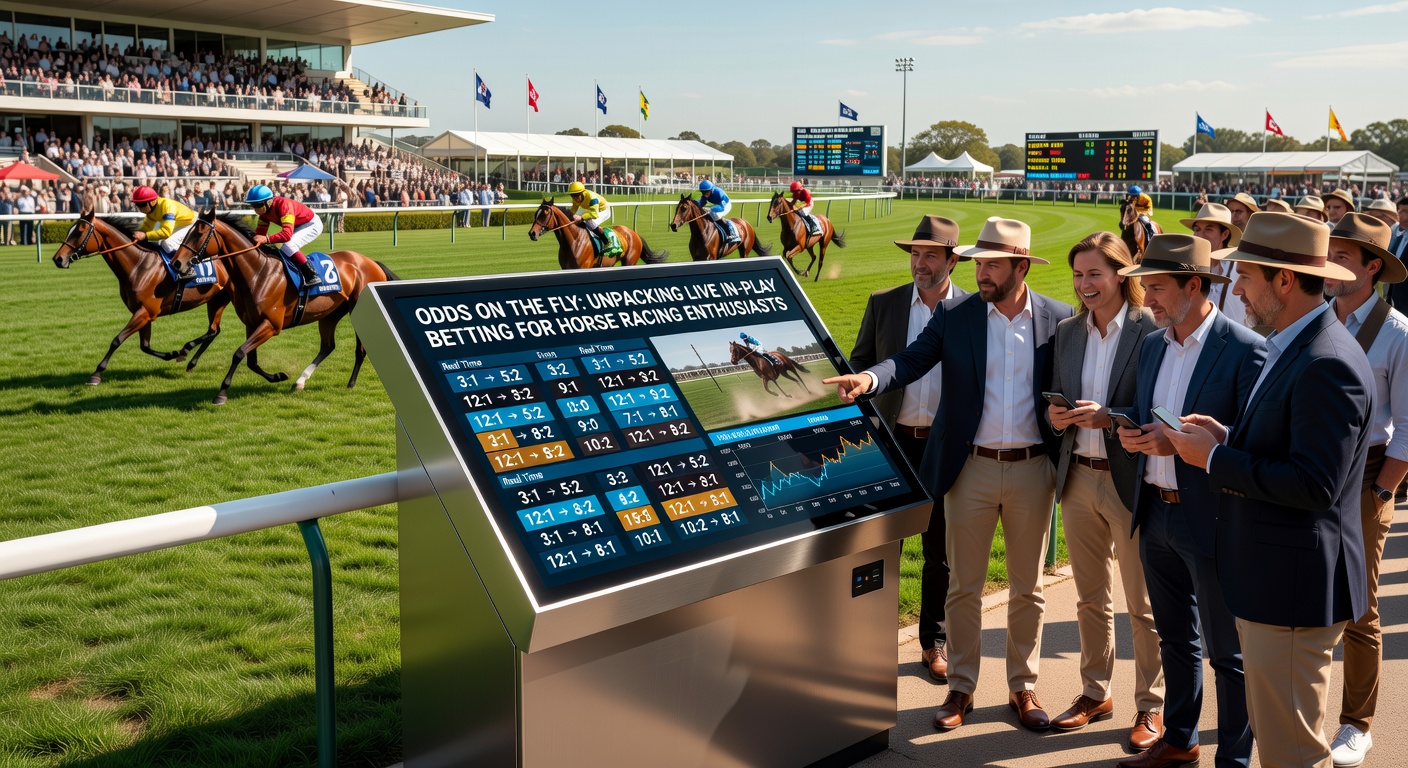 Close-up of a bettor's phone screen displaying live horse racing odds updating in real-time during a race