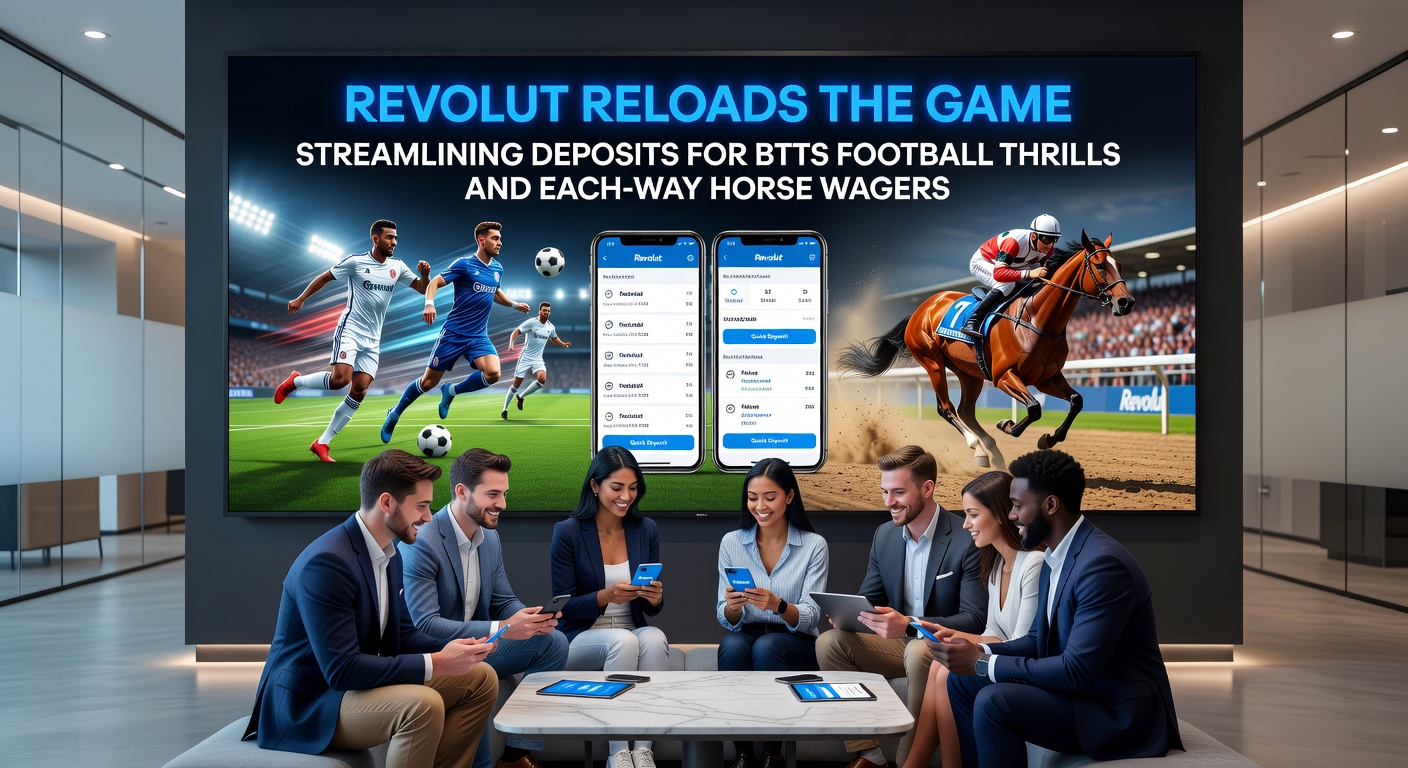 Horse racing track scene with overlaid Revolut deposit confirmation screen, illustrating quick funding for each-way bets during a live steeplechase
