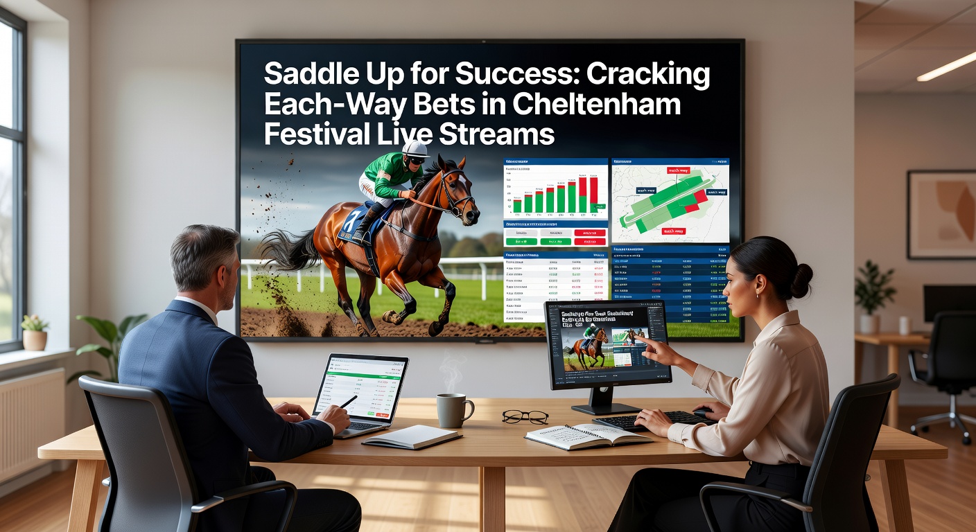Close-up of jockey urging horse forward during a intense Cheltenham Festival each-way contender race, with live stream overlays visible