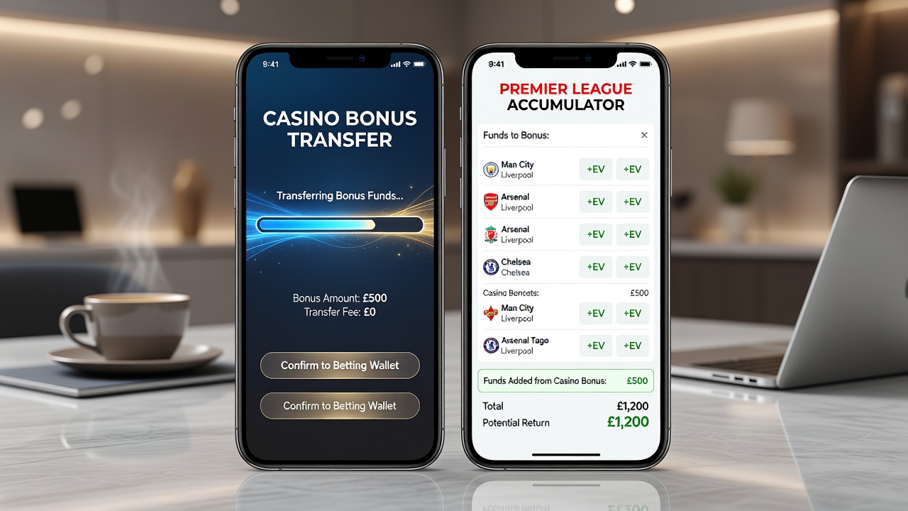 Mobile interface displaying accumulator bet slip with transferred casino funds applied to Premier League and horse racing selections