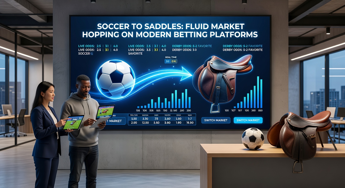 Mobile betting app screenshot displaying simultaneous soccer match tracker and horse racing odds board, highlighting a mid-session market switch